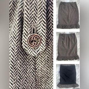 GUCCI CLASSIC VINTAGE BROWN WOOL CHEVRON SKIRT WITH RUFFLE DETAILING
